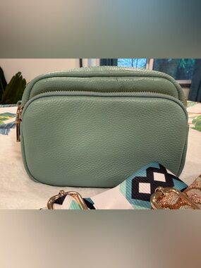 Pistachio Original Single Panel Leather Crossbody Bag with Patterned Straps